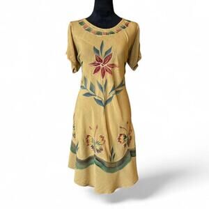 90s Oversized Mustard Butterfly Dress – Boho Folk Tunic one size